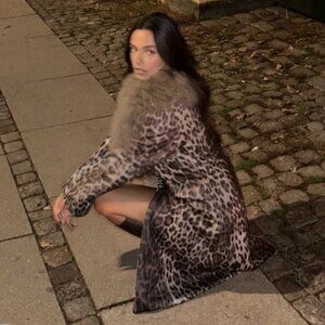 Charlotte Simone Naomi Leopard Print Coat with Mongolian Fur Trim